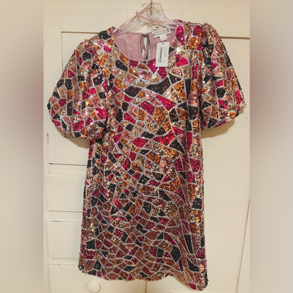 fab'rik Sequin Mosaic Dress in Pink, Gold & Black